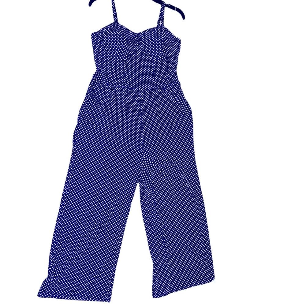 No Boundaries Blue Polka Dot Spaghetti Strap Padded Jumpsuit Size L